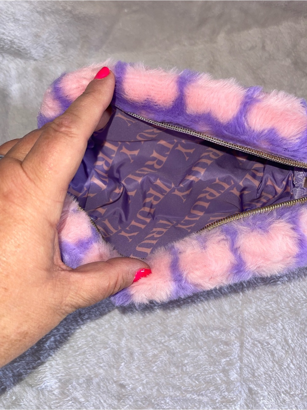 Pink & Purple Faux Fur Zip Makeup/pencil/purse bag